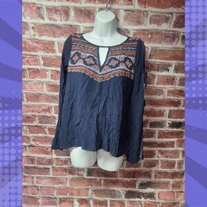 Abercrombie & Fitch Women’s Boho Embroidered Blouse Small Navy Tie Sleeve